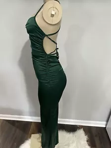 Dress Size medium Women Green Satin Formal Body Con Maxi Dress new lace up - Picture 1 of 5