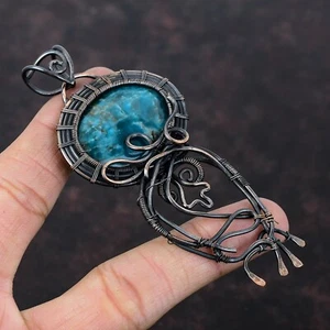 Oval Natural Neon Apatite Copper New Engagement Boho Wire Wrapped Wife Pendant - Picture 1 of 6