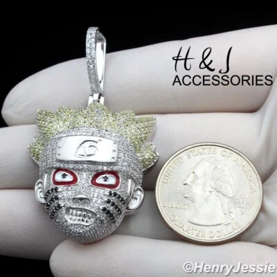 MEN 925 STERLING SILVER ICY BLING CZ 3D SILVER NARUTO UZUMAKI FACE PENDANT*SP420 - Image 1 of 4