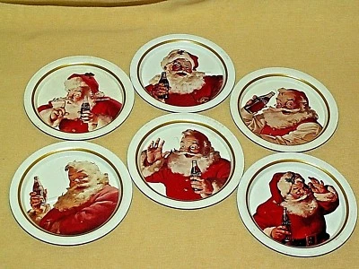 COKE COASTERS SET 6 COCA COLA METAL SANTA CLAUS WHITE GOLD CHRISTMAS VINTGE BAR* - Image 1 of 4