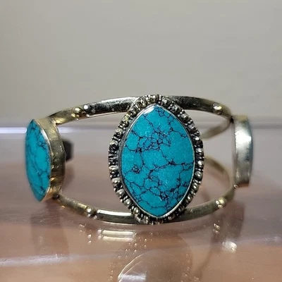 Faux Turquoise Cuff Wrap Adjustable Bracelet Western Boho Silvertone Jewelry - Image 1 of 4