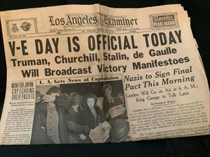 Giornale Los Angeles Examiner 8 maggio 1945 - V-E DAY IS OFFICIAL TODAY Truman - Foto 1 di 2