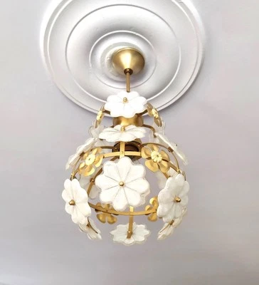 Lámpara de araña floral vintage - flores de vidrio amarillo y blanco estilo Murano años 80 Foto 1 de 4