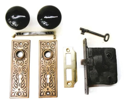 Antique Set EASTLAKE Backplates Black Porcelain Door Knobs Mortise Lock w/ Key - Image 1 of 4