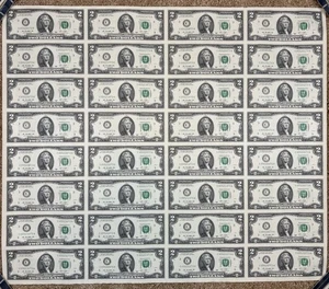 2003 $2 Uncut Sheet Of 32 Federal Reserve Notes - Picture 1 of 4