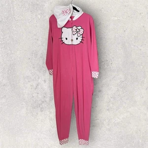 Hello Kitty rosa einteiliger Pyjama mit Kapuze Damengröße 8-10 Reißverschluss Nachtwäsche " - Bild 1 von 9