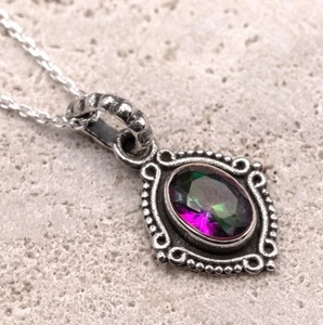 925 Sterling Silver Mystic Topaz Gemstone Ladies Vintage Design Pendant Necklace - Picture 1 of 5