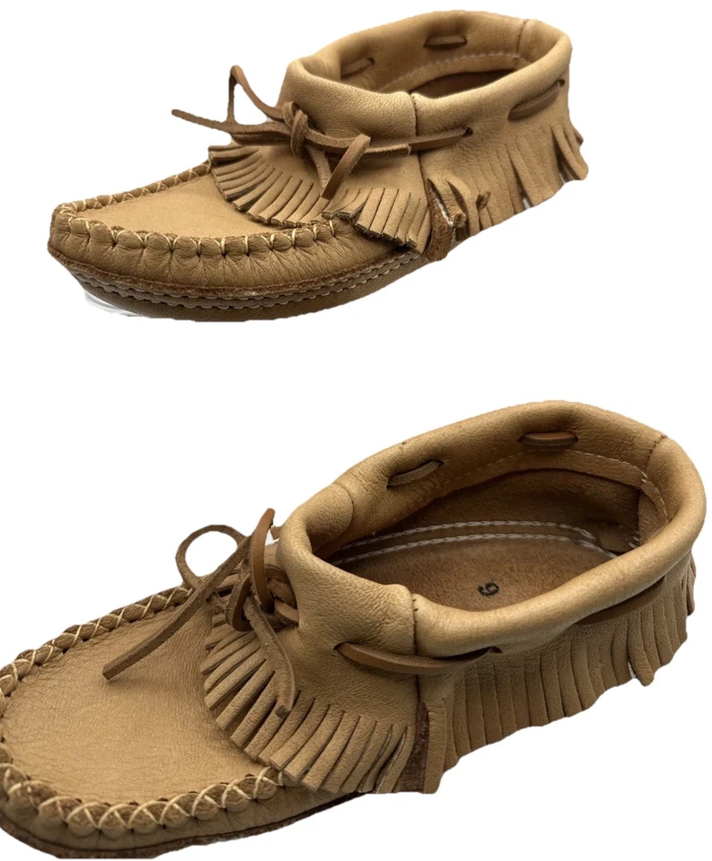 Handmade Leather Moccasins Size 9 Tan Soft Sole Fringe Shoes - Image 1 of 4