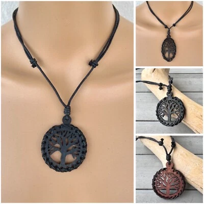 Kette Anhänger Lebensbaum Holz rund oval schwarz braun Baumwolle Boho Ethno Surf - Bild 1 von 4