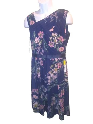 KAY UNGER NewYork A 字连衣裙 10 码海军蓝花卉不对称领无袖全新带标签 — 第 1/4 张图片