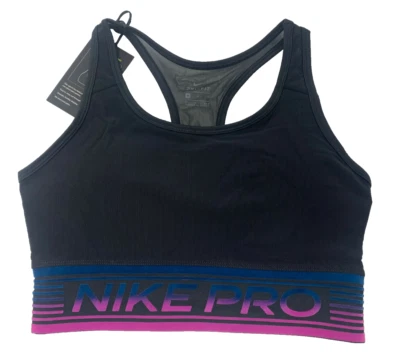 NEW! NIKE Women [M] Padded Medium Support Sports Bra, Black/Cerulean, DB4678-010 - Image 1 of 2