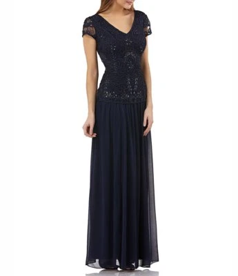 JS COLLECTIONS Navy Blue Soutache Ribbon Embellished Beaded Chiffon Maxi Gown 10 - Image 1 of 4