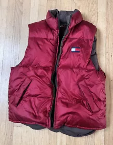 Vtg 90s Tommy Hilfiger Down Puffer Vest Zip Size Red/Grey MEDIUM Men’s CLEAN - Picture 1 of 7