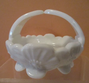 Milk Glass Poppy Embossed Design Handled Candy Dish - Picture 1 of 4