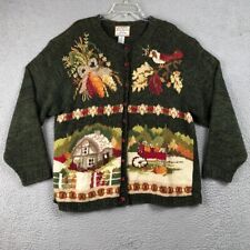Heirloom Collectibles Fall Cardigan Sweater Leaves Corn Pumpkin Green 22/24 -'98