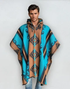 Thick Hooded Wool Poncho in Blue Brown | Soft | Native American | Southwestern - Picture 1 of 11