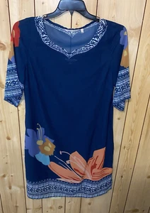 Soft Surroundings Women's Medium Blue Multicolor Hibiscus Dress Sheer Lined - Picture 1 of 5