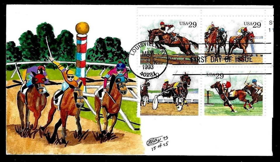 2759A 25c Stamps (1993) SPORTING HORSES FDC Hand Painted By C. W. Ray Covers !!  - Image 1 of 1