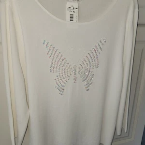 Drapers & Damons Butterfly Knit Top Size XL White Beaded Sequin Irridescent New - Picture 1 of 11