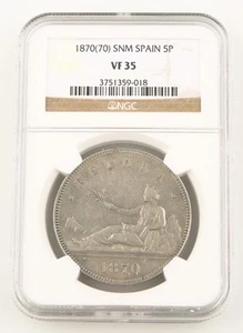 1870(70) SNM Spain 5 Pesetas Silver Coin VF-35 NGC Provisional Government KM-655 - Picture 1 of 4