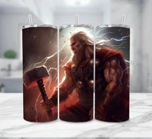 Thor God Of Thunder 20 Oz - Marvel Tumbler & Straw Stainless Steel Side View - Picture 1 of 4
