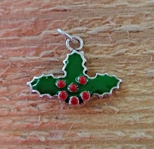 Sterling Silver 3D 17x20mm Green & Red Enamel Christmas Holly Charm - Picture 1 of 7