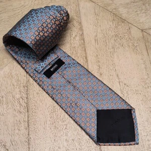 Hugo Boss Neck Tie 100% Silk Jacquard Silver And Orange Geometric Square Pattern - Picture 1 of 10