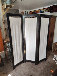 3 Panel Folding Room Divider Cream Canvas Piano Black Wood Frame 20"x72" WI Made - Picture 1 of 15