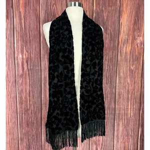 Swee Lo Vintage Velvet Floral Scarf Black Silk Blend Fringe - Picture 1 of 8