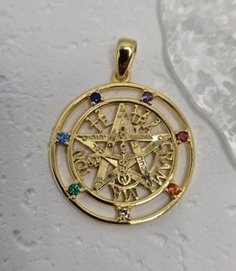 Tetragrammaton Pentagram 925 Sterling Silver 7 Chakra 18K Gold Plated Pendant - Picture 1 of 3