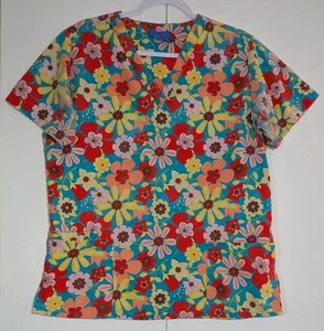 Carols Scrubs Floral Top Womens Medium Workwear Shirt Colorful Medical Dental - Picture 1 of 10