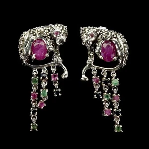 925 Sterling Silver Earrings Oval Ruby 6x4mm Sapphire Gemstone Tiger Jewelry - Picture 1 of 13