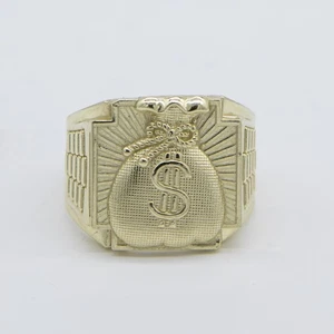 Railroad Design Money Bag Signet Ring Solid 10K Yellow Gold All Sizes - Picture 1 of 5