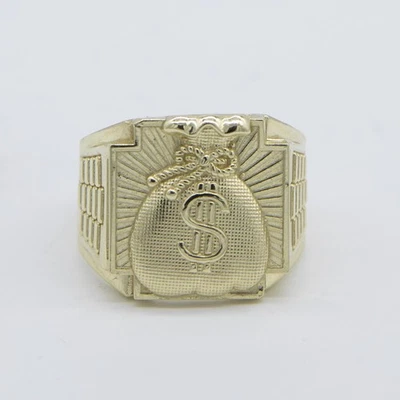 Railroad Design Money Bag Signet Ring Solid 10K Yellow Gold All Sizes - Image 1 of 4