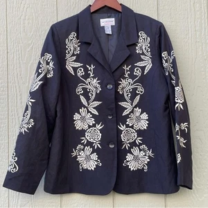VTG Victor Costa Occasion Blazer Jacket womens L Black Linen+ Floral Embroidered - Picture 1 of 9