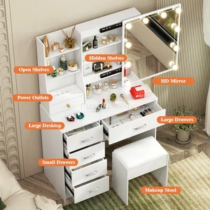 10 LED Bulbs Mirror Vanity Dressing Desk, USB Port Makeup Dresser Table + Stool - Picture 1 of 9