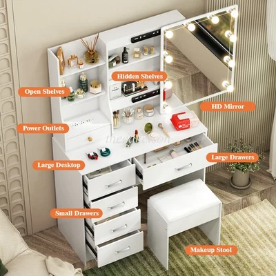 10 LED Bulbs Mirror Vanity Dressing Desk, USB Port Makeup Dresser Table + Stool - Image 1 of 4