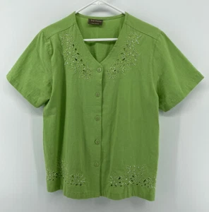 Jane Ashley Vintage Top Womens Size Medium Green Embellished Floral Short Sleeve - Picture 1 of 9