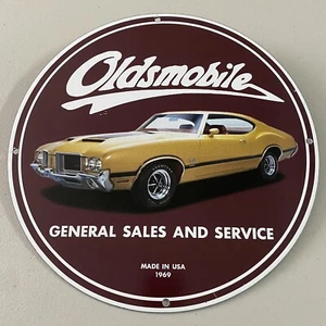 VINTAGE OLDSMOBILE PORCELAIN SIGN GAS OIL AUTO SALES & SERVICE MOTOR PUMP PLATE - Picture 1 of 12