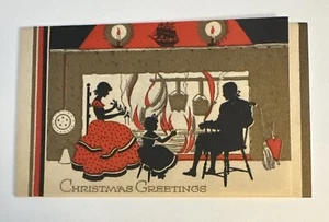 Vintage Art Deco Christmas Card - Family Enjoying Christmas Holidays Fireplace - Picture 1 of 3