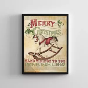 Vintage Christmas Poster Wall Art, Victorian Rocking Horse Wall Decor, No Frame - Picture 1 of 8