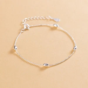 Women Real S925 Sterling Silver Oval bean Beaded Bracelet Bangle 7.9 inches - Picture 1 of 5