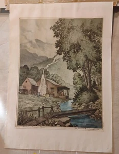 LEON PESCHERET Aquatinta Radierstift signiert " Baskin Creek, Tenn " - Bild 1 von 5
