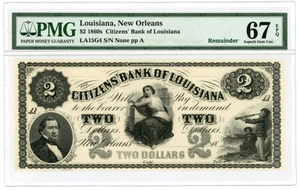 1800's $2 The Citizens Bank - New Orleans, LOUISIANA Note PMG Superb Gem 67 EPQ - Picture 1 of 2