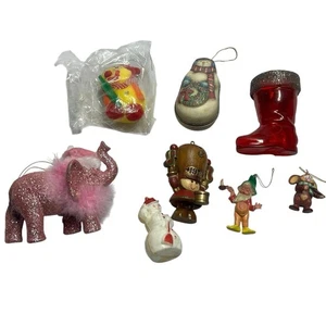 Vtg  Christmas Ornament Lot Hard Plastic Snowman Wood Soldier Elf Mouse Boot - Picture 1 of 9