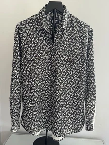 Lands’ End Women’s Button Front Floral Shirt Black Grat White LS Sz M (10-12) - Picture 1 of 7