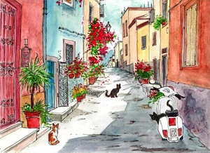 Gatti in un vicolo fiorito con scooter, stampe artistiche per gatti, gatti zenzero, gatti neri - Foto 1 di 1