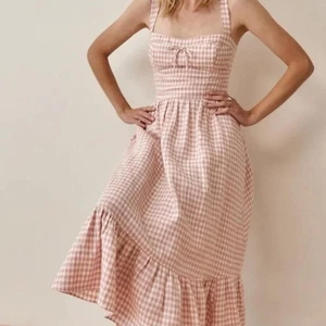 Reformation Dress 8 Pink Linen Gingham Maegan Midi Ruffle Smocked Romantic Girly - Picture 1 of 13