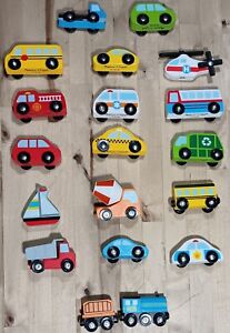 Melissa & Doug Wooden Railway Train Cars Helicopter Boat Bus Ambulance Lot of 19