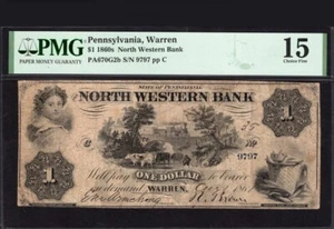 1860s $1 PMG 15 NORTH WESTERN BANK WARREN, PA PENNSYLVANIA OBSOLETE NOTE #9797 - Picture 1 of 3
